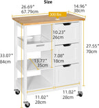 DWVO Solid Wood Top Rolling Kitchen Island Cart, 3 Tier Mobile Kitchen Storage Island Cart with 3 Drawers and 3 Opening Storage Shelves for Kitchen & Dining Area, White
