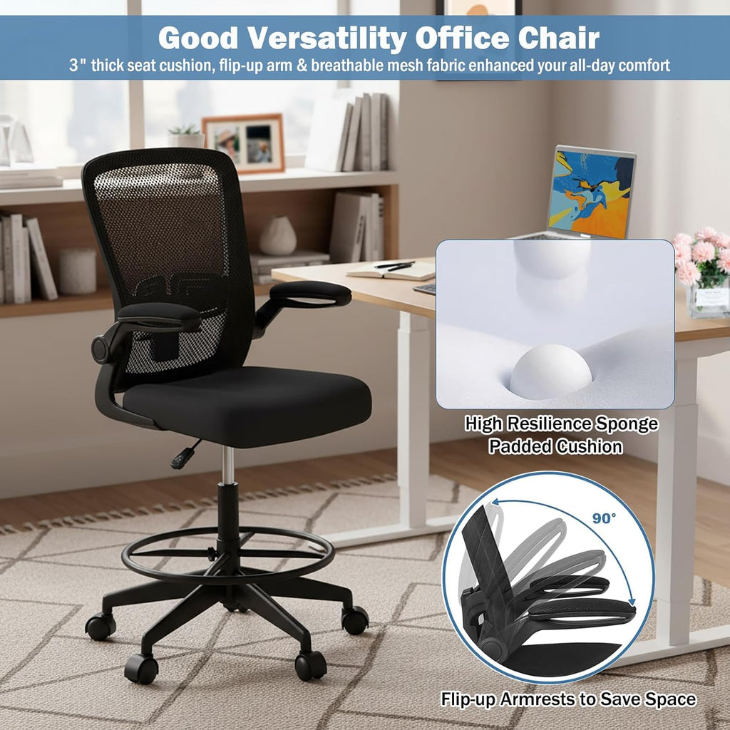 POWERSTONE Drafting Chair, Ergonomic Tall Office Chair for Standing Desk with 3IN Thick Cushion, Flip-up Arm, Adjustable Back Support & Footrest Workbench Rolling Stool Computer Chair (Black 1PCS)
