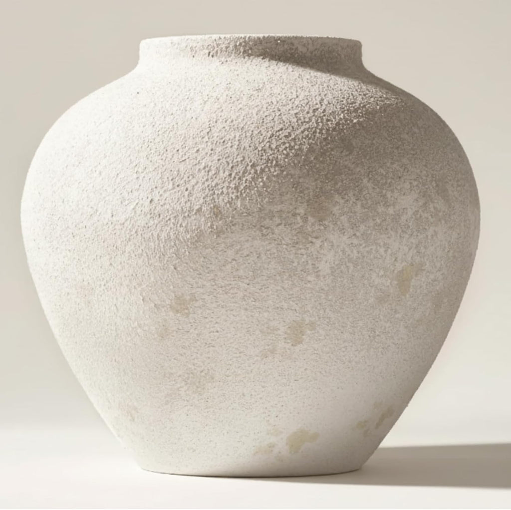 White Rustic Large Round Vase for Table Centerpieces 11 inches, Arina Vase, Earthy Stone Look, Textured, Modern Homes Farmhouse Centerpiece Decor