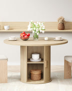 LINLUX 47-inch Round Dining Table with Storage, Modern Fluted Design Side Shelf for Dining Room, Kitchen, Perfect for 4-6 People (Natural Wood)