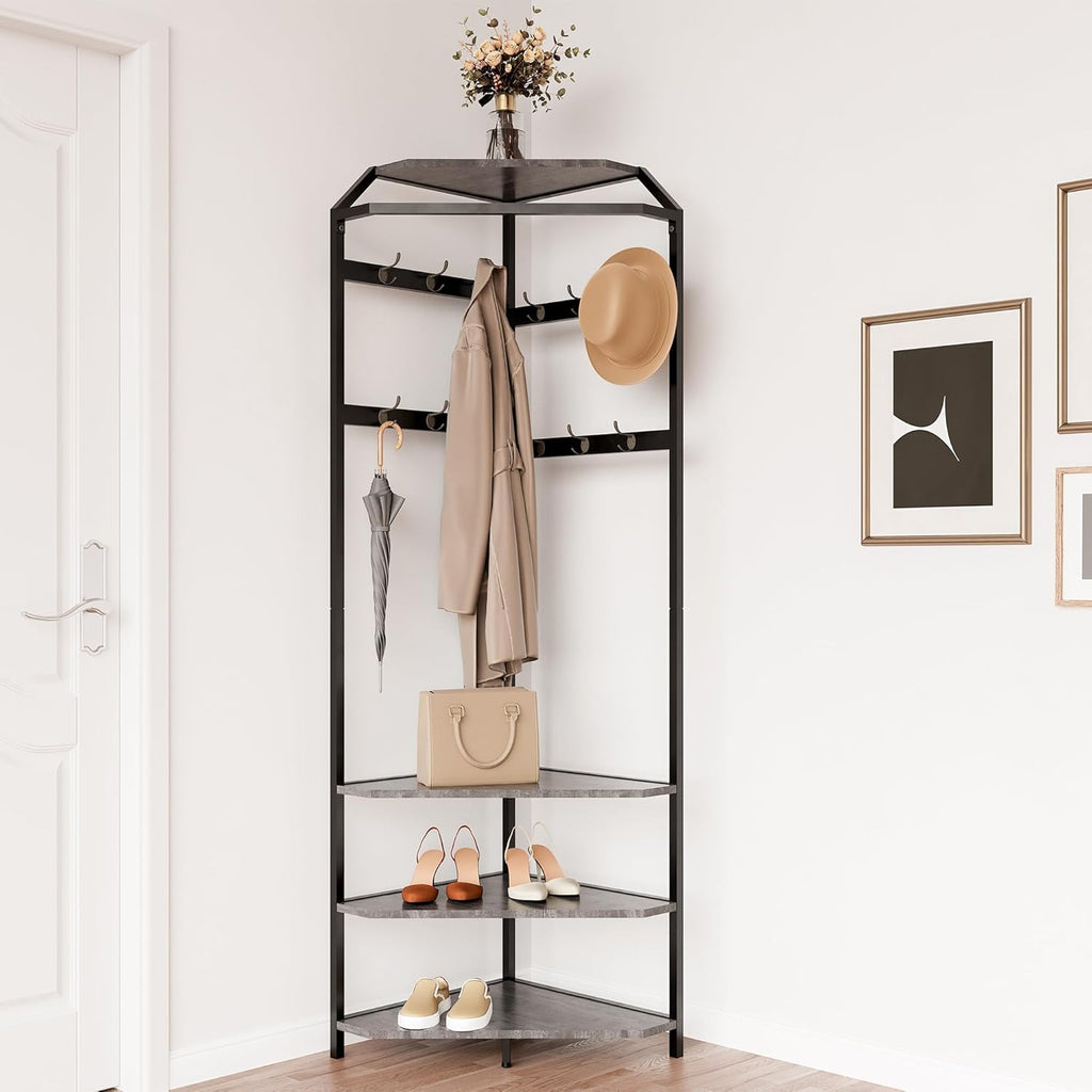 Takywep Corner Hall Tree Coat Rack with Shoe Bench, Entryway Coat Rack 12 Double Hooks & Top Storage Shelf, Freestanding Clothes Rack Shoes Shelf Organizer for Home Office Bedroom Closet, Grey