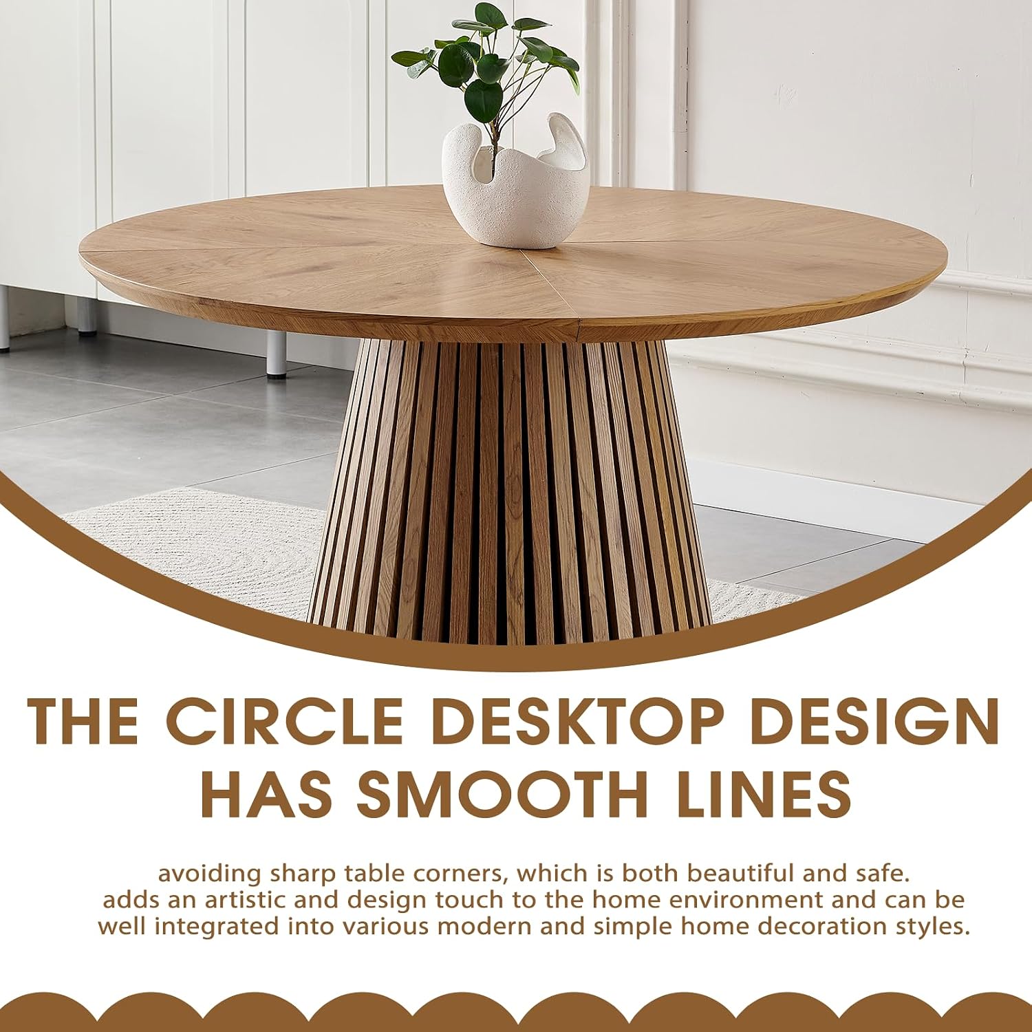 Modern Round Dining Table with Fluted Pedestal Base, Natural Wood Finish, 47.24 Inch Diameter, Contemporary Kitchen Table for Living Room and Dining Room