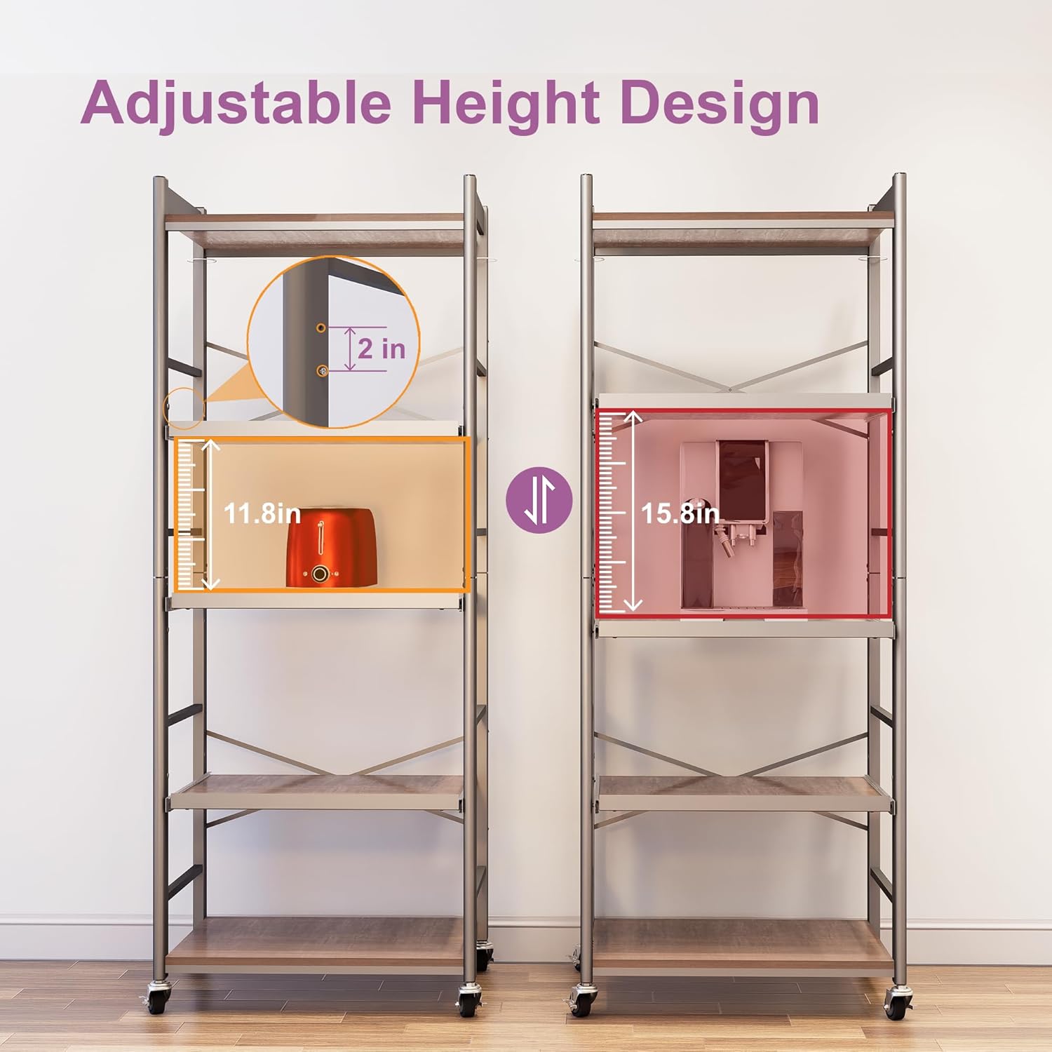 5-Tier Pull Out Baker's Rack with Storage, Heavy Duty Microwave Stand with Wood Pull Out Shelves, Adjustable Microwave Cart with Wheels (23.6''W x 60''H)