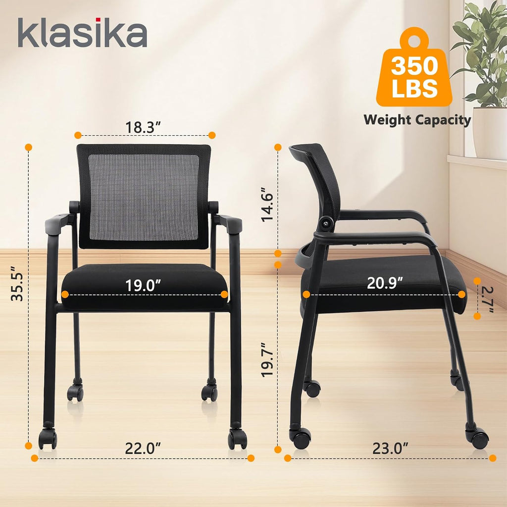 KLASIKA Guest Reception Chair with Adjustable Mesh Backrest and Wheels, Arm Chair with Ergonomic Lumbar Support and Thickened Seats Cushion, Waiting Room Chairs for Office School Lobby Church, Black