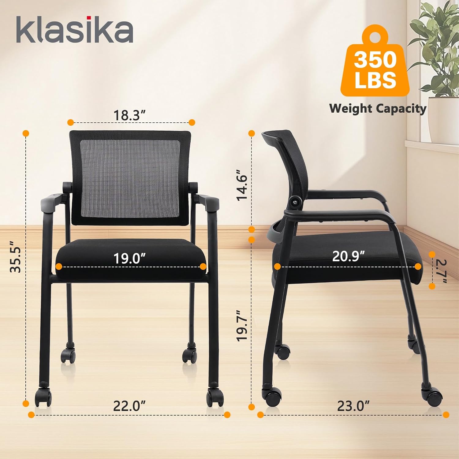 KLASIKA Guest Reception Chair with Adjustable Mesh Backrest and Wheels, Arm Chair with Ergonomic Lumbar Support and Thickened Seats Cushion, Waiting Room Chairs for Office School Lobby Church, Black