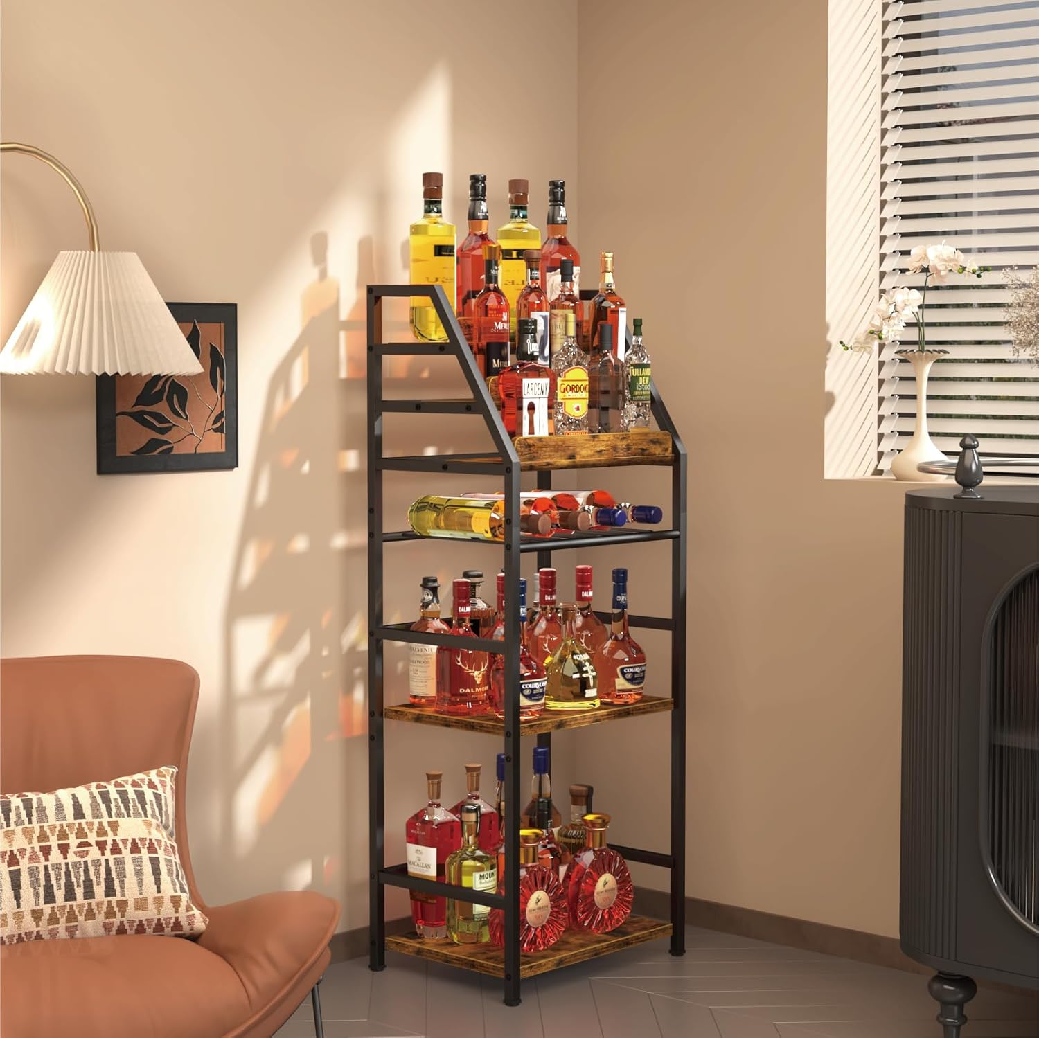 Trapezoid Liquor Wine Rack - Stepped Freestanding Design for Home - Fits Living RoomCorners (Whiskey & Wine Storage)