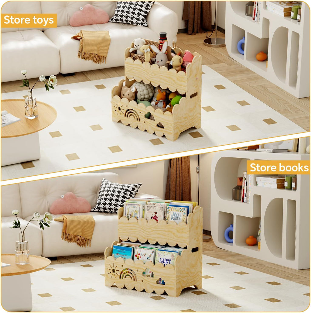 Solid Wood 2-Tier Kids Toy Storage Organizer, Kids Bookshelfs,Montessori Bookshelf Large Stuffed Animal Storage Bin Toddler Playroom Toy Box, Suitable for Kids Rooms, Nursery, Toddler Book Rack
