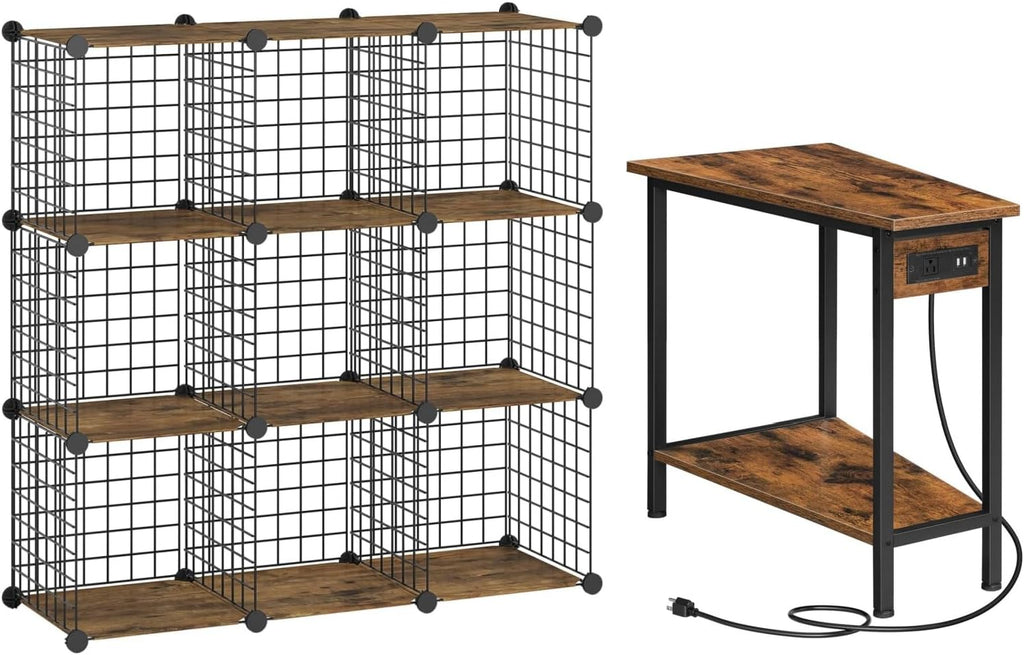 HOOBRO Wedge End Table and Wire Cube Storage Organizer, Recliner Wedge Side Table, 9-Cube Shelves, Modular Shelves with Metal Grid, DIY Closet Cabinet BF64UBZ01G1-BF09CW01