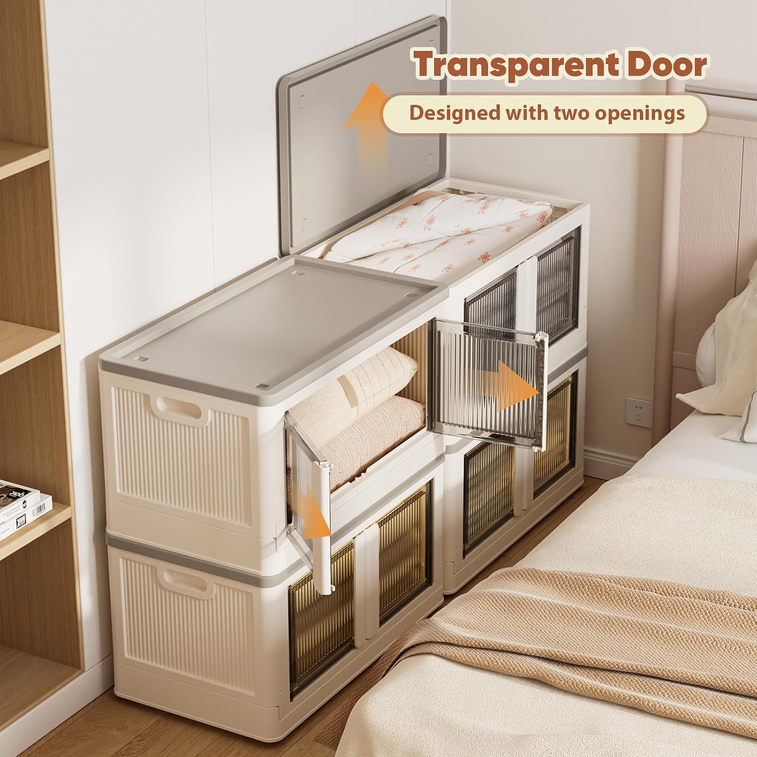 19 Gallon Collapsible Storage Box, Folding Storage Cabinet with Door and Wheels, Clear Door Dual Open Storage Box for Home, 1 Pack