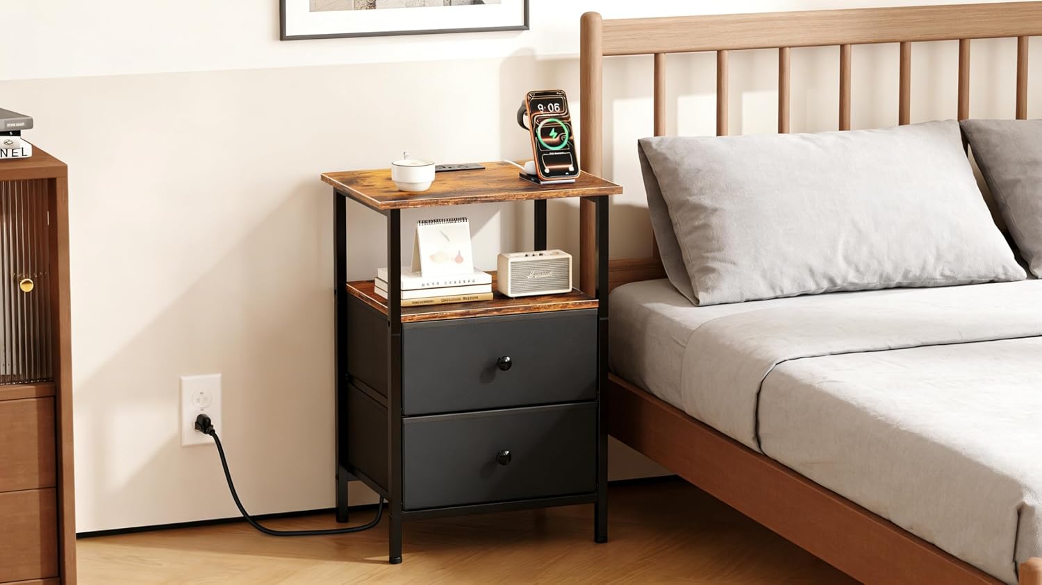 Nightstand with Charging Station, Bedside End Table with 2 Fabric Drawers for Bedroom, Side Table with USB Ports and Outlets (Brown Black)
