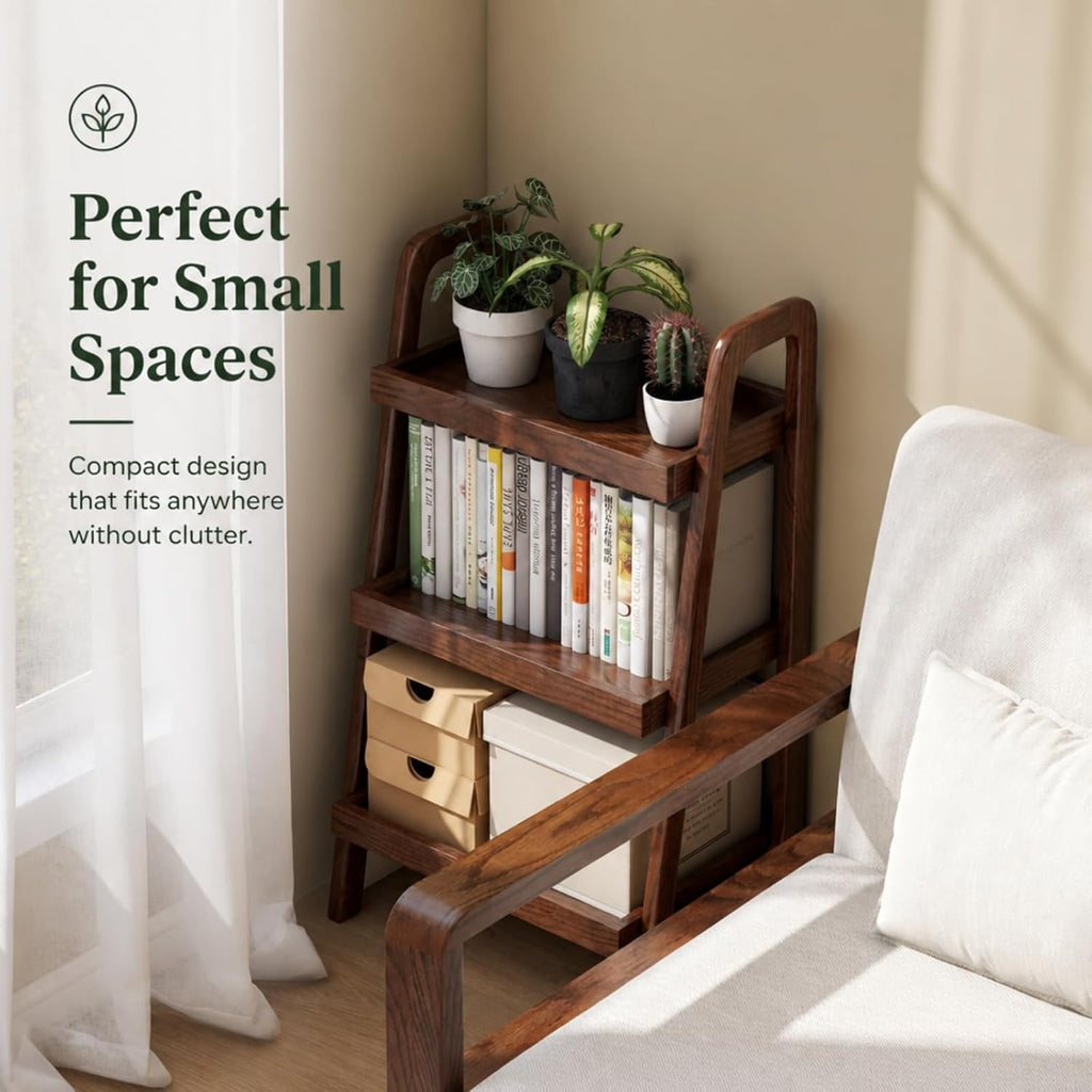 100% Solid Oak 3 Tier Ladder Shelf, Small Bookshelf, Ladder Bookshelf, Bookcase with Stable Frame, Small Table for Living Room Bedroom(Walnut, 12.6" L x 17.72" W x 31.5" H)