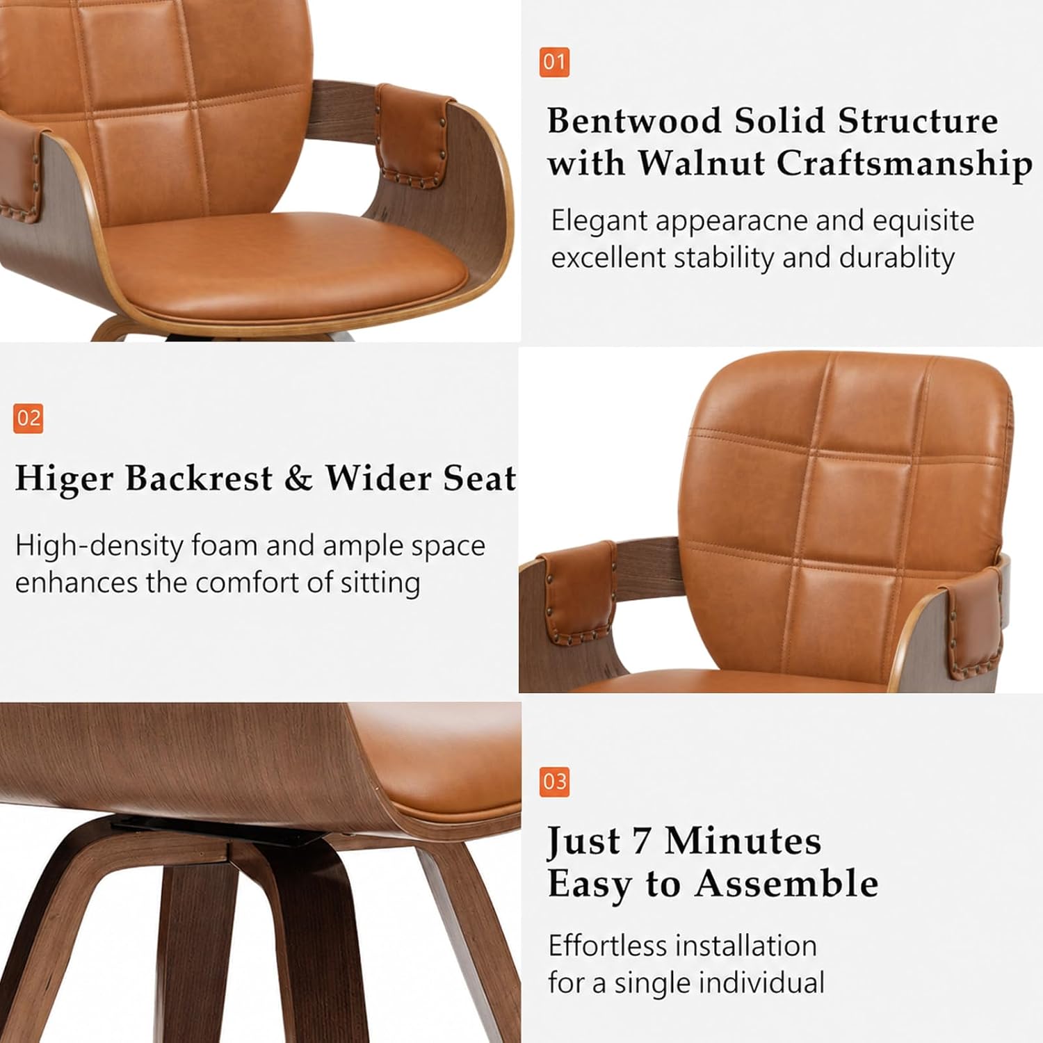 Set of 2 Mid Century Modern Chairs, Walnut Brown | Swivel Dining Chairs, With Arms and Curved Back, Faux Leather, Reception Room Chairs