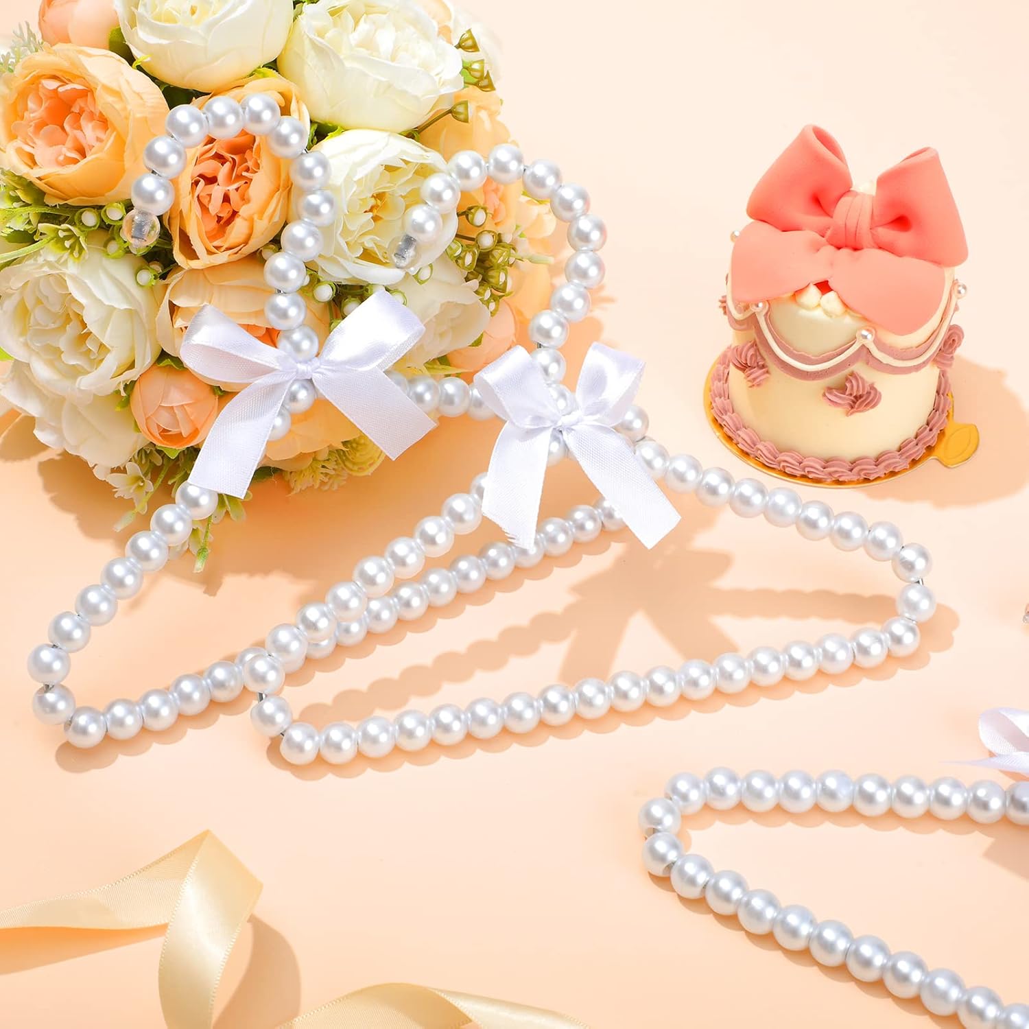 Wesiti Small Pearl Hanger Mini Pearl Metal Elegant Clothes Hangers with Ribbon for Women Dog Cat (White,10 Pcs)