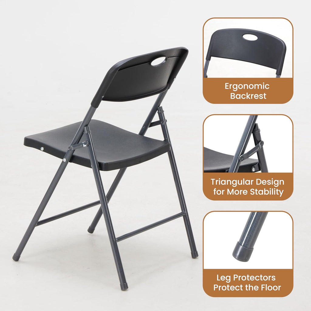 HealSmart Heavy Duty Folding Chairs, 330lbs Capacity Commercial Grade Plastic Chair, 1.7" Ultra-Slim Portable Foldable Chairs for Events & Office, Black, 2 Pack