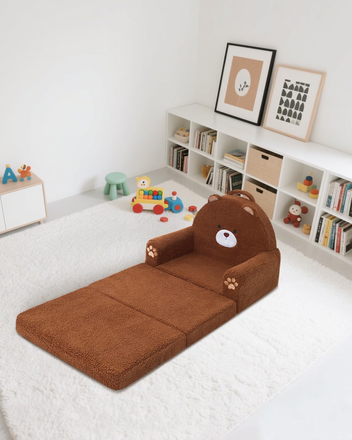 MOONBEEKI 2-in-1 Foldable Toddler Couch, Soft Sherpa Fabric with Washable Cover, Convertible Sofa to Lounger, Kids Sofa for Playroom, Bedroom, Living Room, Birthday Gift, Bear, Medium