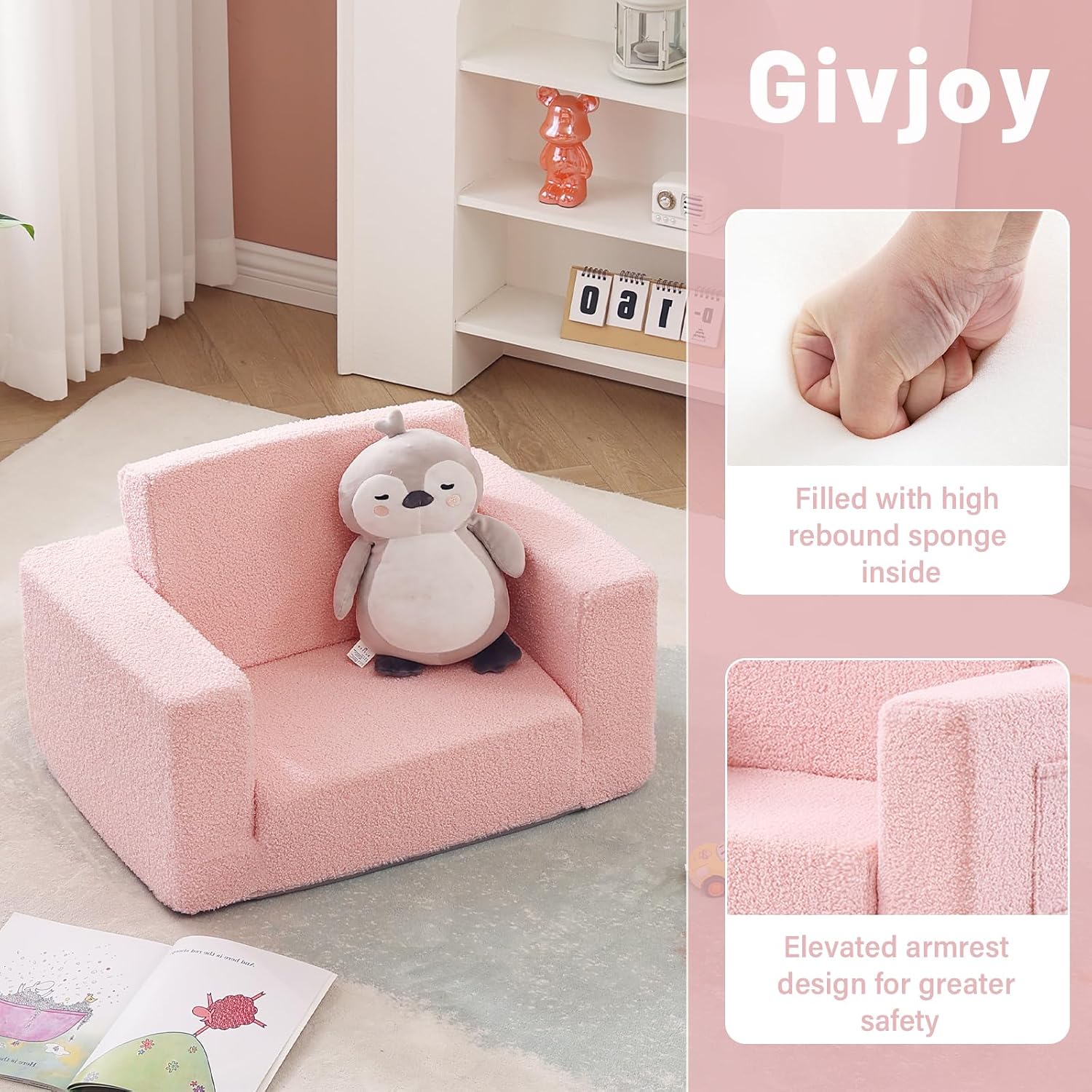 Toddler Chair Sherpa Kids Couch, 2-in-1 Soft Kids Armchair Lounger for Bedroom, Convertible Sofa for Girls and Boys, Child Reading Chair for Playroom, Living Room, Pet, Pink