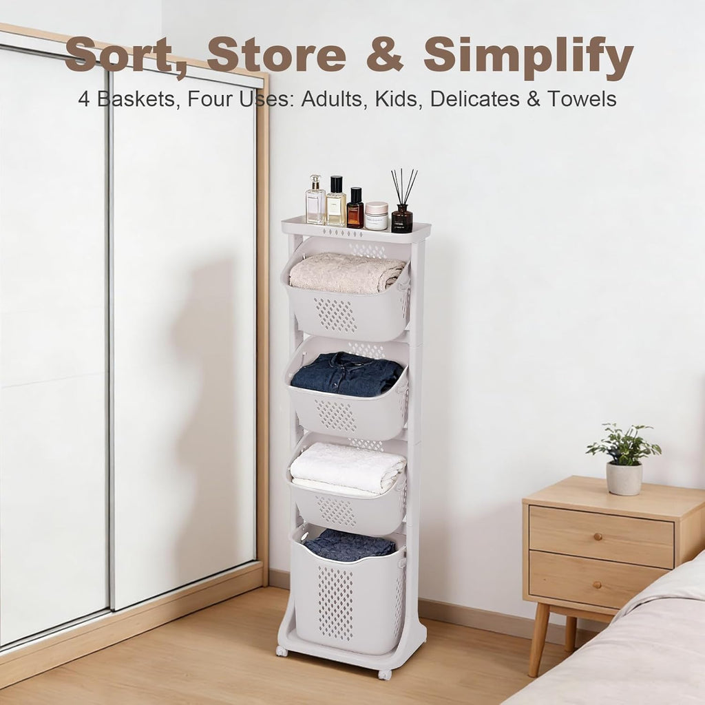 FAHKNS 4-Tier Laundry Sorter Cart with Wheels, Large 95L Capacity Hamper Organizer, Rolling Storage with Removable Mesh Bins for Laundry Use in Home, Dorm, Apartment (17.3"x13.1"x54.7")
