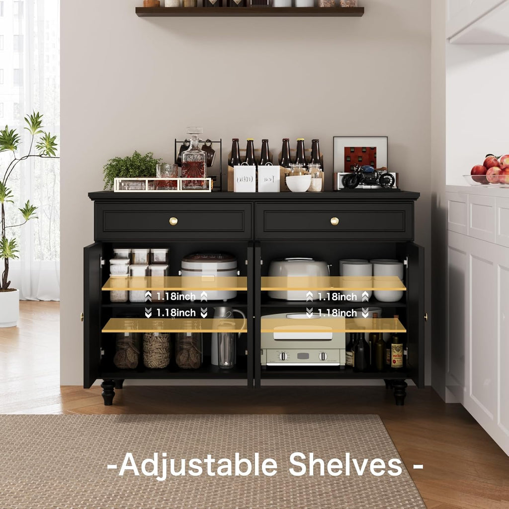 PROXRACER 48" Farmhouse Sideboard Buffet Cabinet with 2 Drawers & 4 Doors, Large Storage Spaces with Adjustable Shelves, Rustic Kitchen Dining Room Cabinet, Black