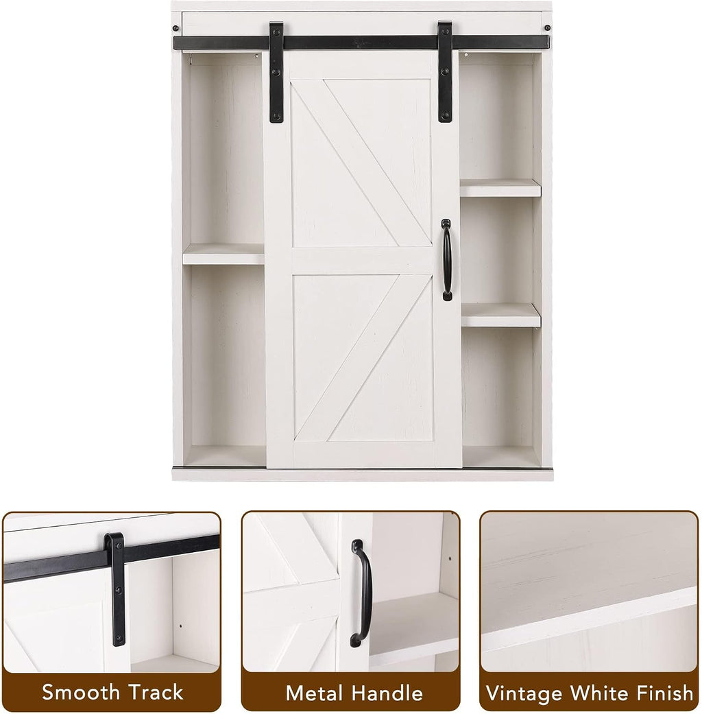 RUSTOWN Farmhouse Wood Wall Storage Bathroom Cabinet with Sliding Barn Door, Rustic Medicine Cabinet with Adjustable Shelf, 3-Tier Vintage Cabinet for Kitchen, Bathroom, Living Room (Vintage White)