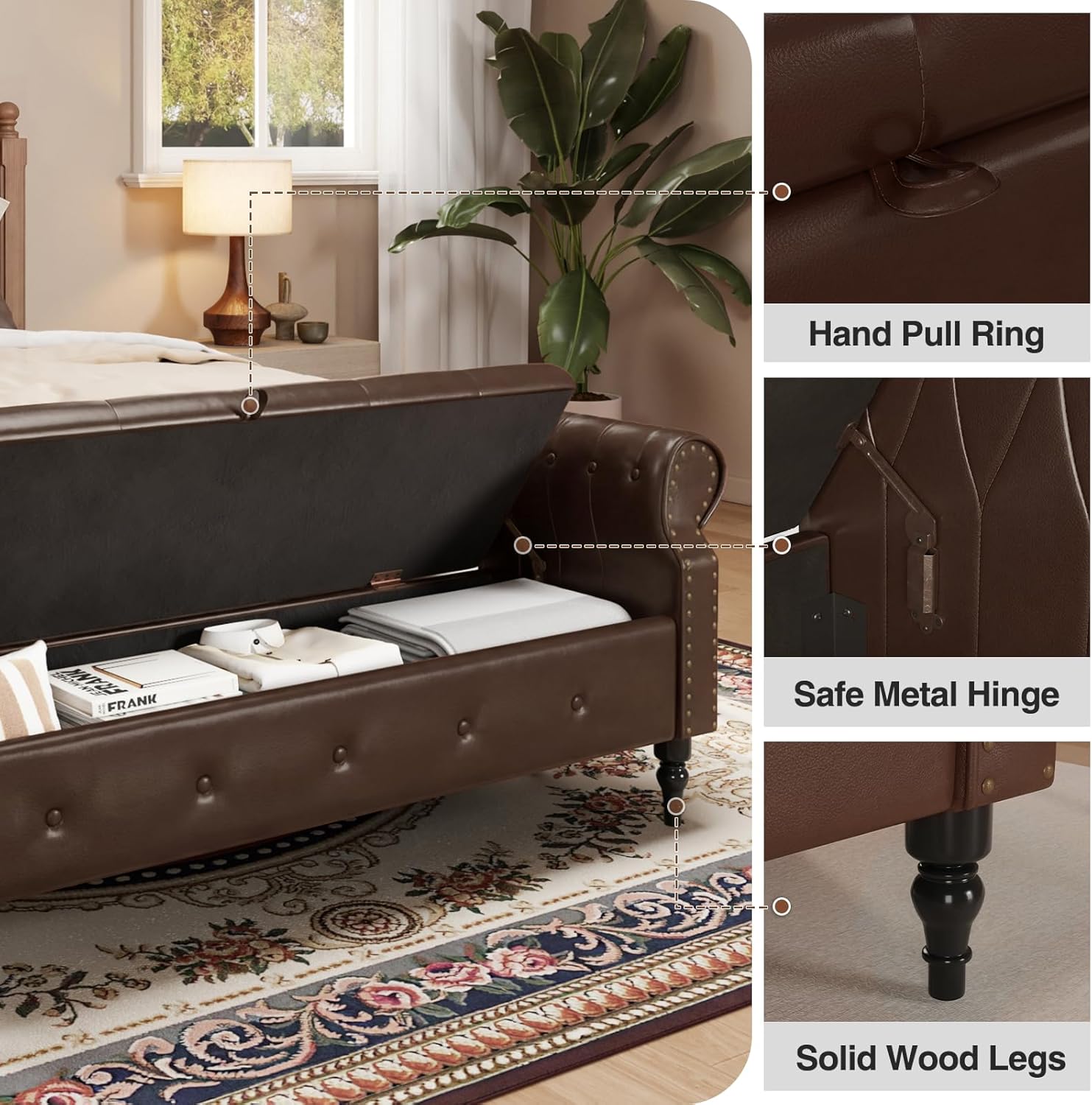 FiveWillowise 65" End of Bed Storage Bedroom Bench with Storage,Faux Leather Storage Ottoman Bench with Rolled Arms and Nailhead Trim for King Size End of Bed,Entryway,Living Room,Chocolate