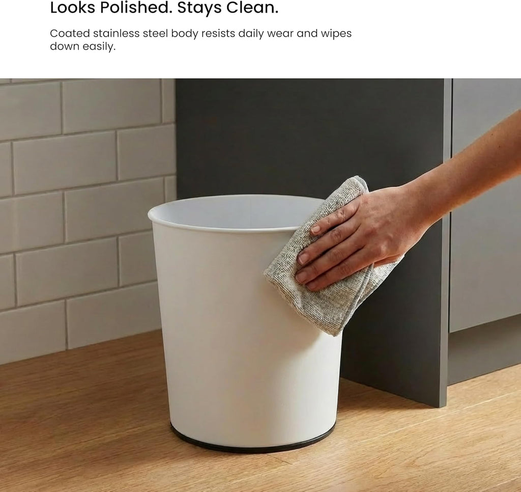 Home Zone Living 1.5 Gallon Round Open Top Wastebasket, Stainless Steel, Matte White and Matte Black Color Set, 2 Pack with Trash Bags