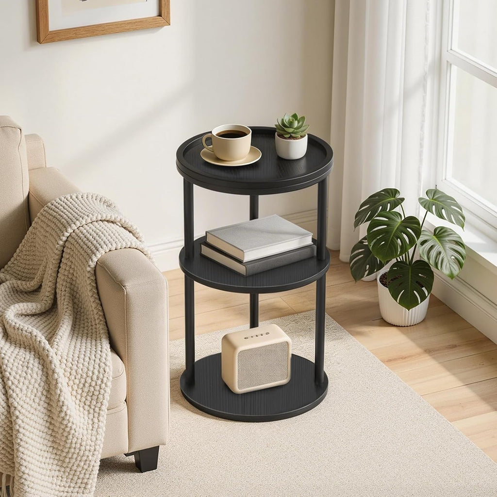 MAHANCRIS Small Round Side Table with Tray, 3-Tier End Table with Storage Shelf, Accent Table for Small Spaces, Nightstand, Coffee Drink Table for Sofa, Living Room, Bedroom, Corner, Black ETBK3101