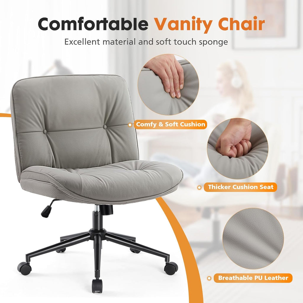 Sweetcrispy Criss Cross Chair with Wheels, Wide Seat PU Leather Armless Office Desk Vanity Chair, Comfortable Adjustable Swivel Computer Task Chairs for Bedroom, Small Space Make Up, Grey