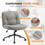 Sweetcrispy Criss Cross Chair with Wheels, Wide Seat PU Leather Armless Office Desk Vanity Chair, Comfortable Adjustable Swivel Computer Task Chairs for Bedroom, Small Space Make Up, Grey