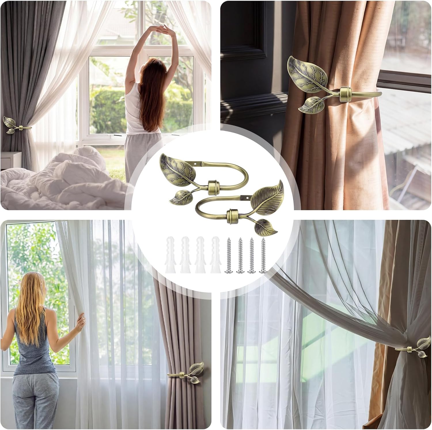 4 Pcs Metal Leaf Curtain Tieback Holdbacks Farmhouse Decorative Leaf Window Curtain Hooks with Screws for Wall Draperies Cottage Finish Living Room Office