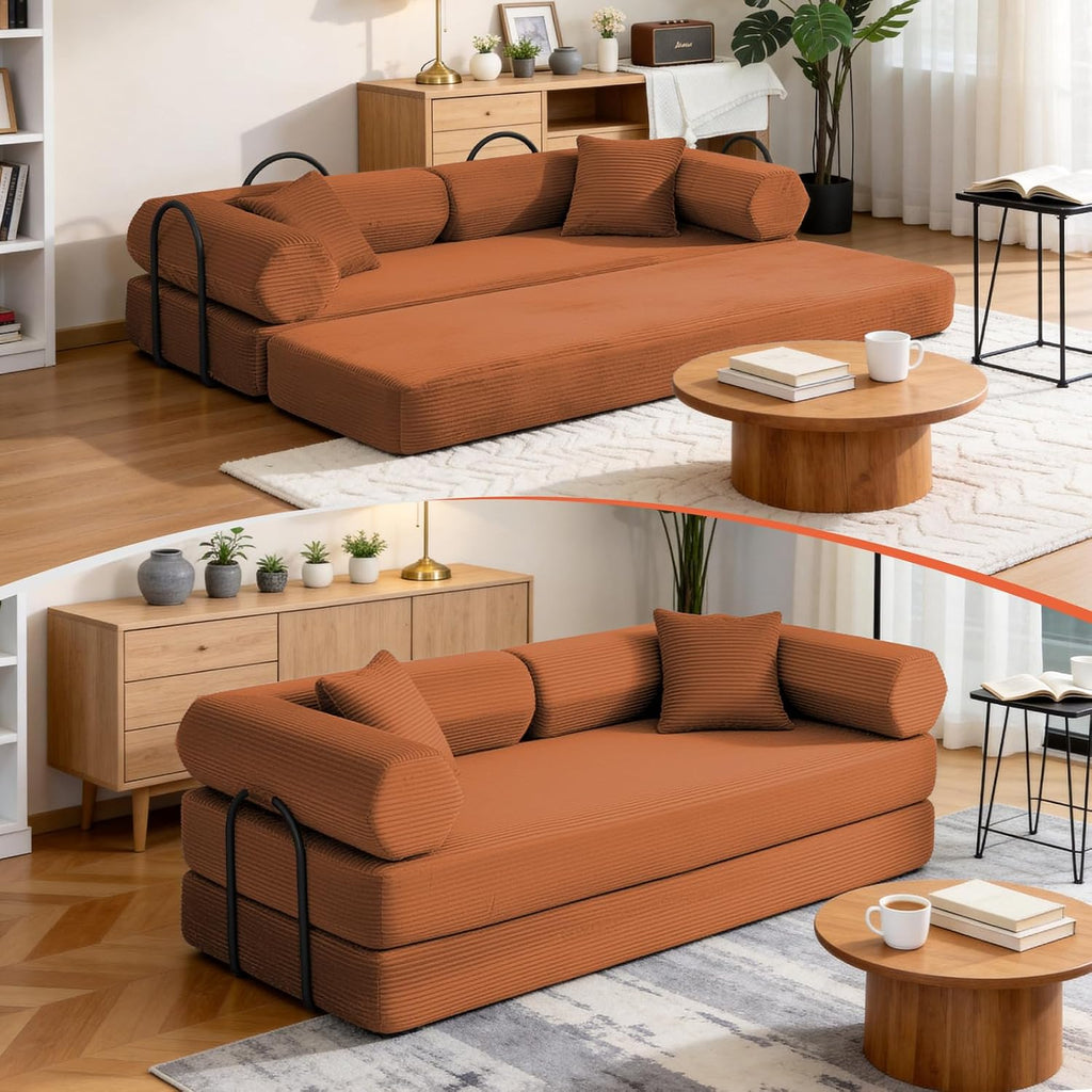 79" Corduroy Sofa Bed, Boneless Couch in a Box with 2 Pillows, High-Density Foam 4-in-1 Foldable Sleeper Futon Loveseat for Small Spaces, No Assembly, Side Pockets, Hex Arm Orange