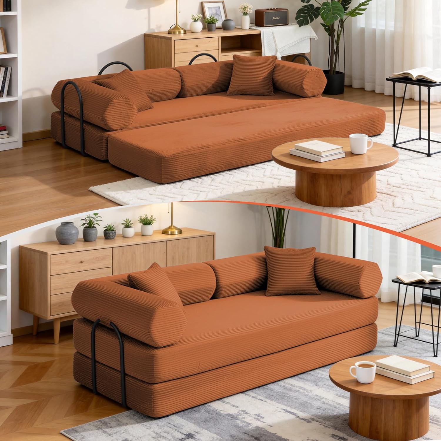 79" Corduroy Sofa Bed, Boneless Couch in a Box with 2 Pillows, High-Density Foam 4-in-1 Foldable Sleeper Futon Loveseat for Small Spaces, No Assembly, Side Pockets, Hex Arm Orange