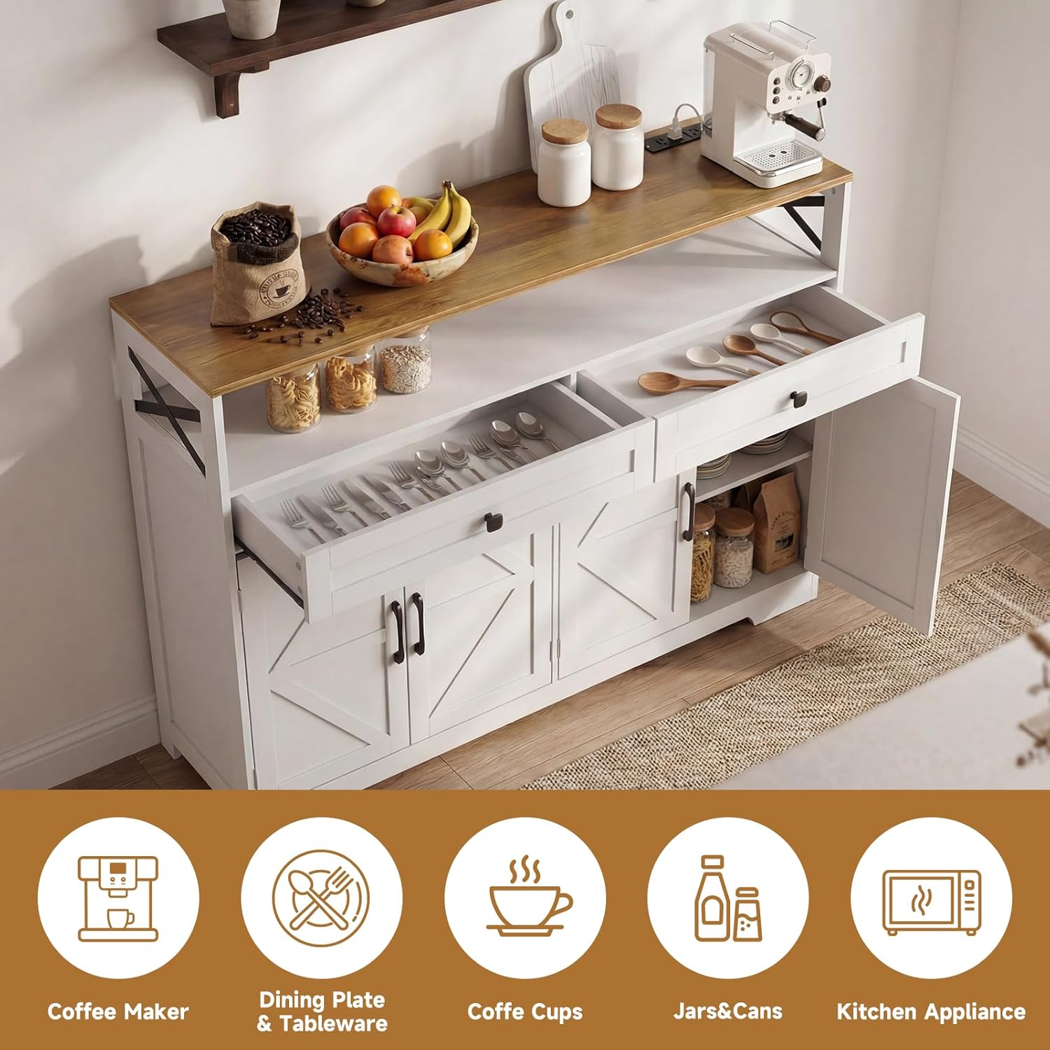 Lahomie Sideboard Buffet Cabinet with Storage, 47" Kitchen Buffet Cabinet with Charging Station, Farmhouse Coffee Bar Station with Drawers and Doors, Credenza for Kitchen Living Room Entryway, White