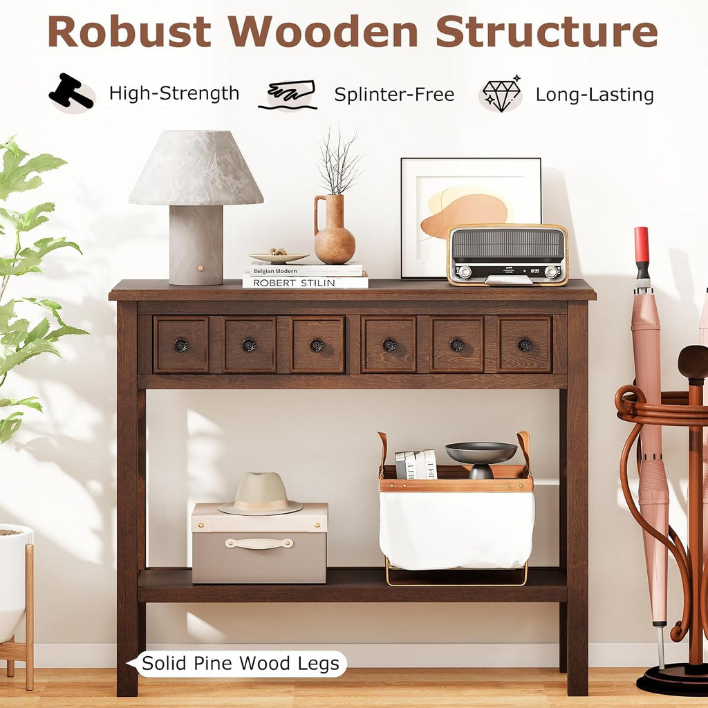 Giantex 2-Tier Narrow Console Table, 38" Retro Entryway Table with 2 Drawers and Open Storage Shelf, Wood Accent Sofa Tables for Living Room, Foyer, Hallway, Bedroom, Entrance
