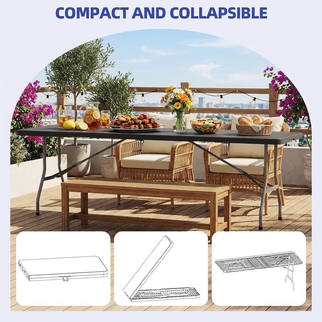YITAHOME Folding Table Heavy Duty, Black Plastic Table 8Ft Long, Portable Rectangular Resin Table for Outdoor Indoor Party Banquet Event Dining Wedding