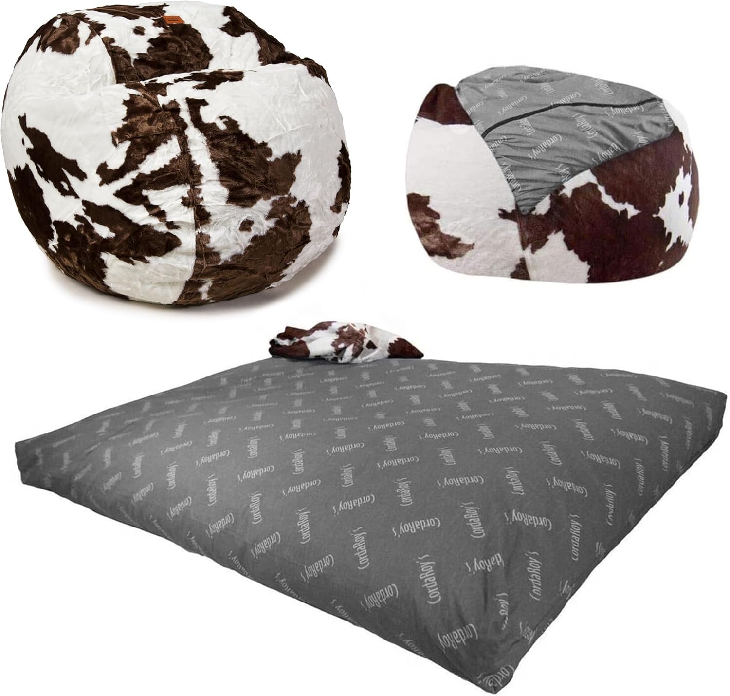 CordaRoy's Faux Fur Bean Bag Chair, Convertible Chair Folds from Bean Bag to Lounger, As Seen on Shark Tank, Cow Pattern - King Size