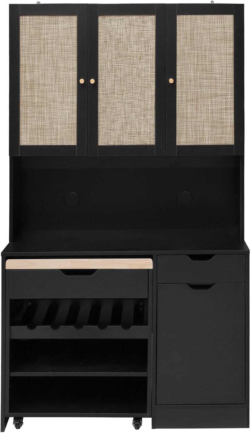 69" Kitchen Pantry Cabinet with Microwave Stand & Rolling Cart - Freestanding Storage Cabinet, 3 Rattan Doors, Adjustable Shelves, Anti-Tip Design for Kitchen, Dining Room, Black