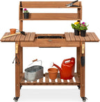 Best Choice Products Mobile Garden Potting Bench, Outdoor Wood Workstation Table w/Sliding Tabletop, 4 Locking Wheels, Food Grade Dry Sink, Storage Shelves - Brown