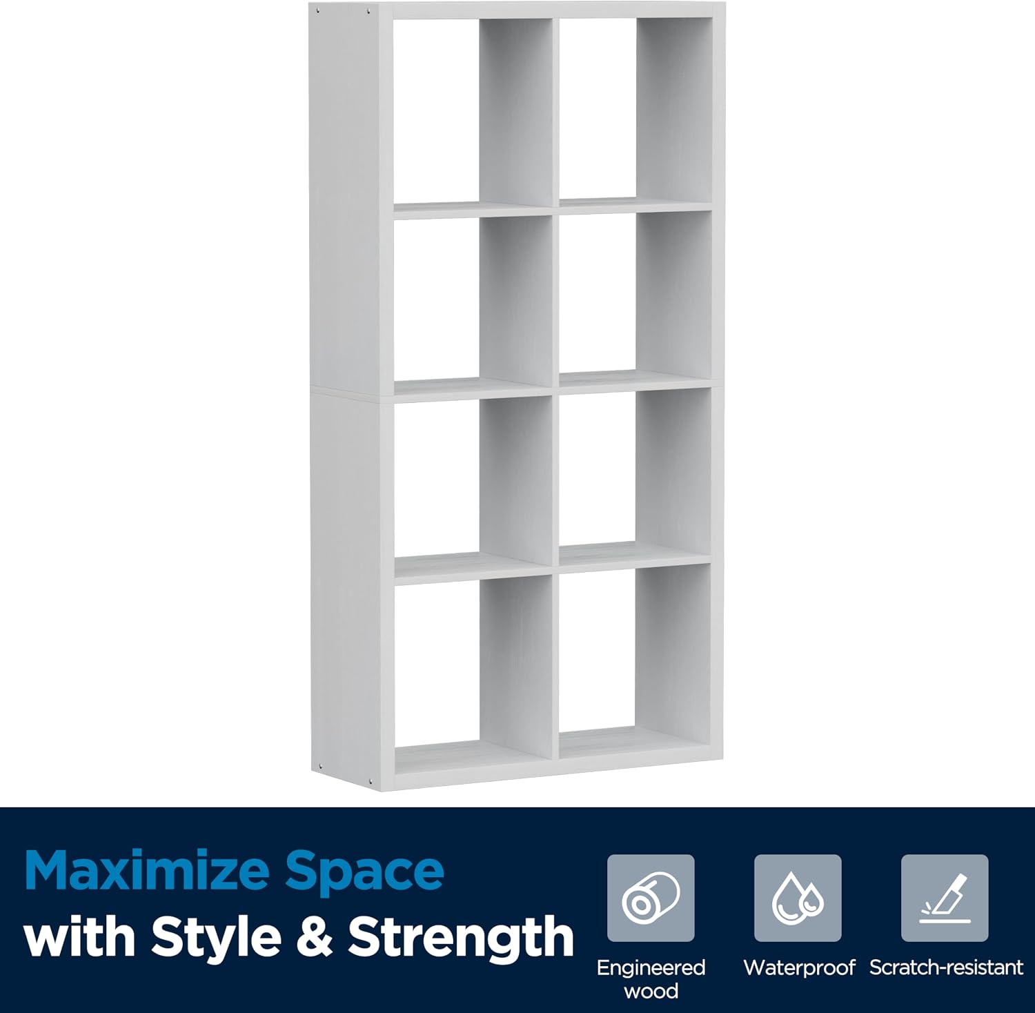 8 Cube Storage Organizer, Cube Shelf with Heavy-Duty Thick Boards, 25.12" L x 9.37" W x 48.74" H, Smooth Easy-Clean Panels, Simple Assembly, for Living Room Bedroom Office, White