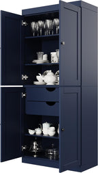 Palace Imports Solid Wood Kitchen Pantry Cabinet - 71.5" Tall x 32" W - Wooden Storage Cabinet w/ 4 Shaker Doors, 2 Drawers & 4 Adjustable Shelves, Navy Blue, 100% Eco-Friendly Wood, Made in Brazil