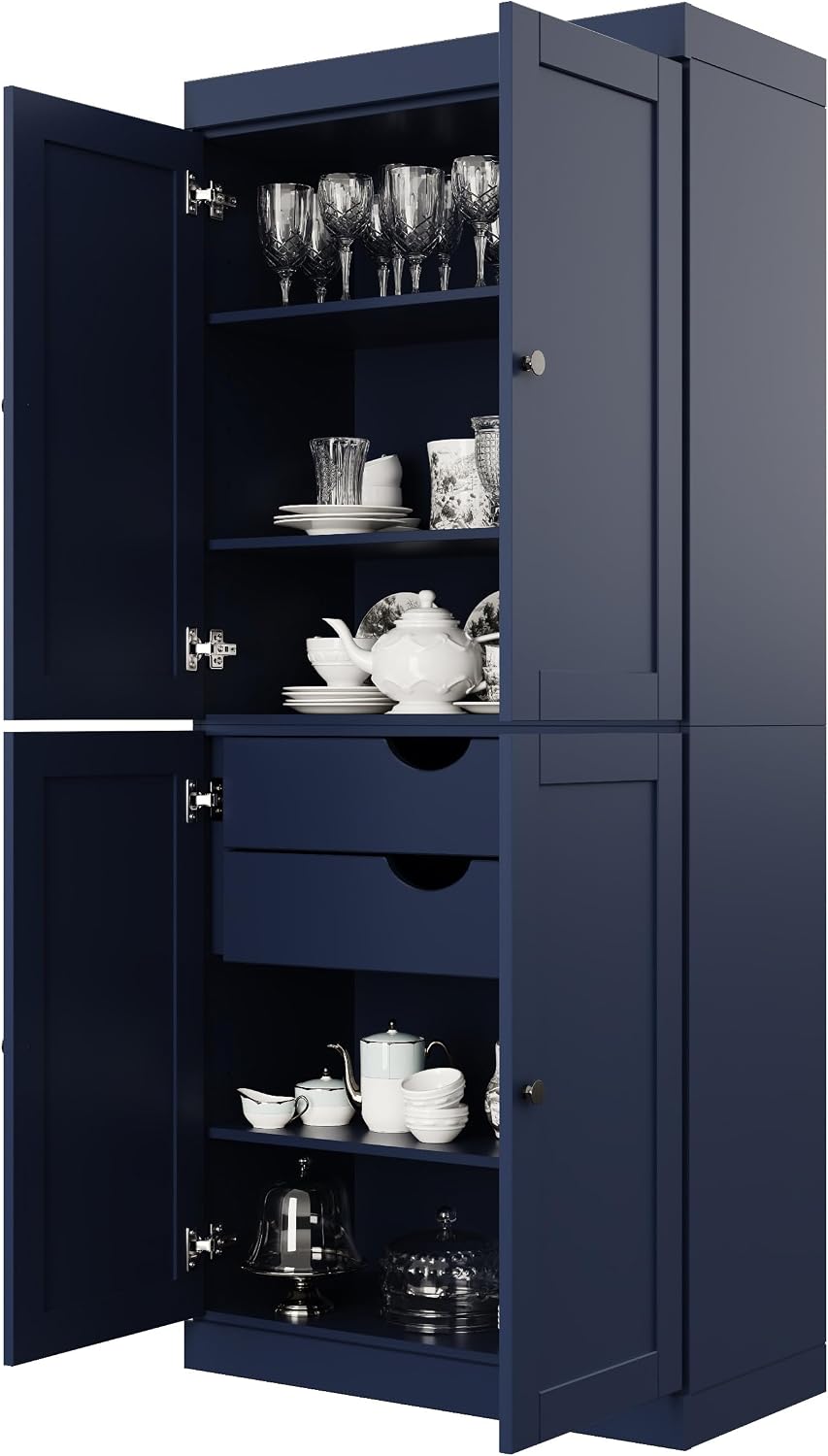 Palace Imports Solid Wood Kitchen Pantry Cabinet - 71.5" Tall x 32" W - Wooden Storage Cabinet w/ 4 Shaker Doors, 2 Drawers & 4 Adjustable Shelves, Navy Blue, 100% Eco-Friendly Wood, Made in Brazil