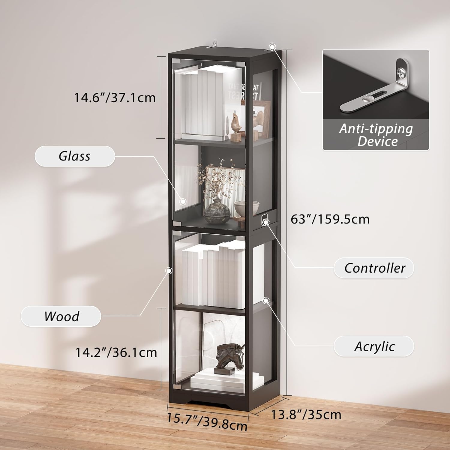 BROTTAR Small Glass Display Cabinet, 4-Tier Curio Cabinets with 3 Color Lights for Collectibles, Storage Cabinet with Door, Glass Display Case & Bookcase with Human Body Sensor, Black