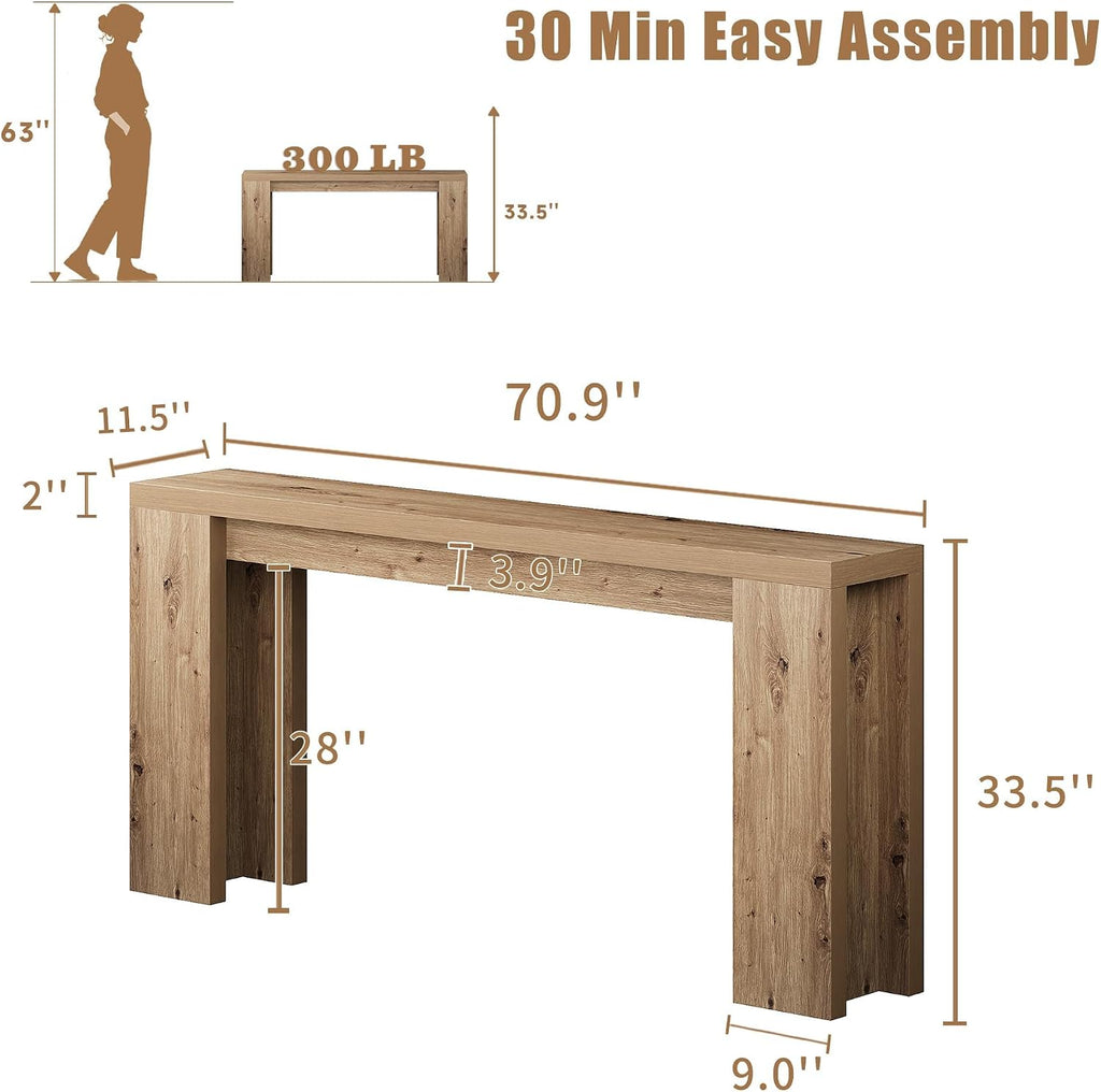 70.9 Inch Extra Long Console Table, Farmhouse Entryway Table with Thickened Base, Wood Sofa Table Behind Couch Table, Narrow Entryway Accent Table for Living Room, Hallway, Entrance, Foyer, Brown