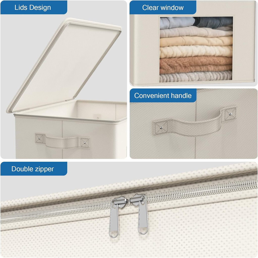Zilink Fabric Storage Bins with Lid 4-Pack Stackable Cloth Storage Bins Sweater Organizer with Zipper & Clear Window Closet Organizers and Storage Box for Home, Office, Bedroom (Beige,17" x 12" x 12")
