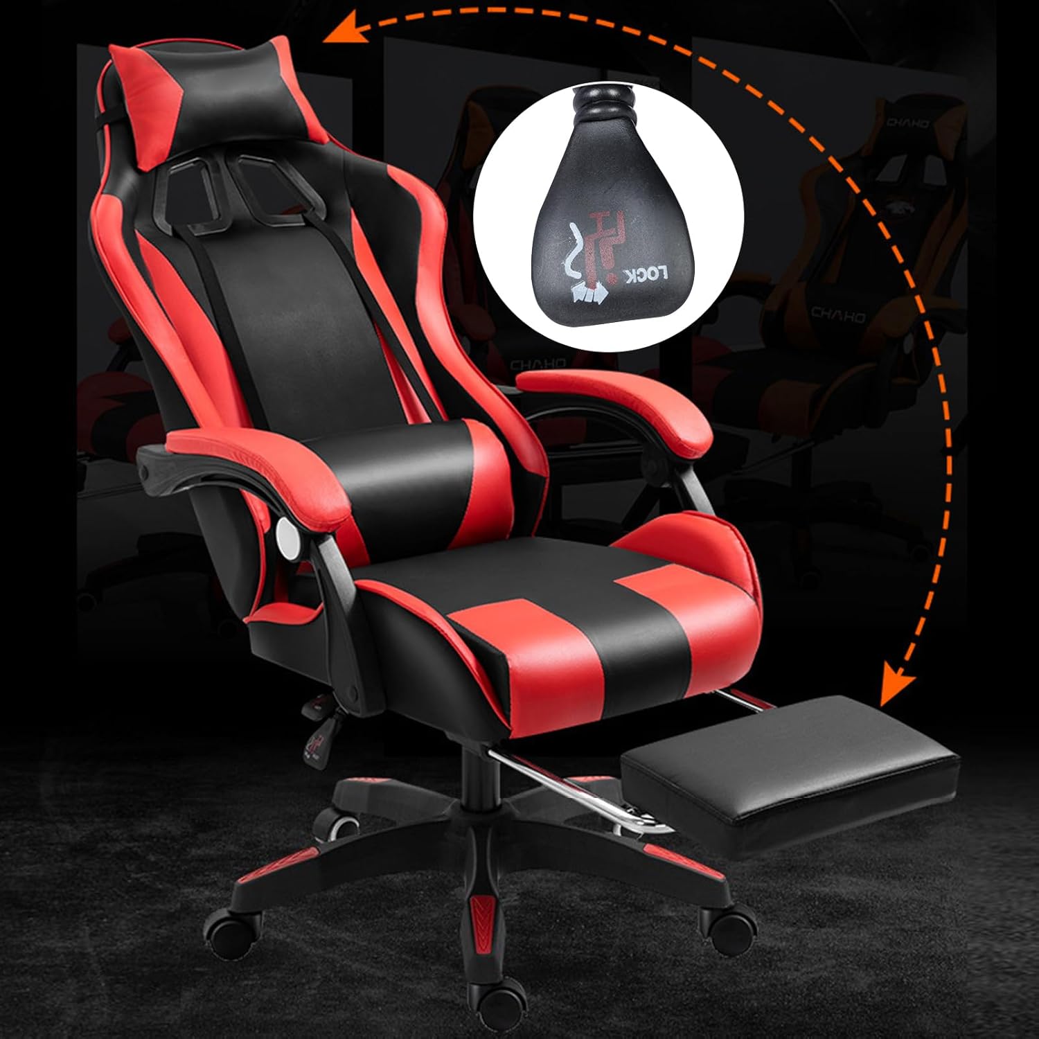 Gaming Chair, Video Game Chair with LED Light, Ergonomic Massage Computer Chairs Height Adjustable with 360° Swivel Seat and Headrest(US Fast Arrival) Black & Red