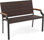 Tangkula Stackable Patio Wicker Loveseat Bench, 2-Person Rattan Outdoor Bench with Acacia Wood Armrests & Metal Frame, Rattan Conversation Furniture for Backyard, Garden, Balcony, Porch (1,Mix Brown)