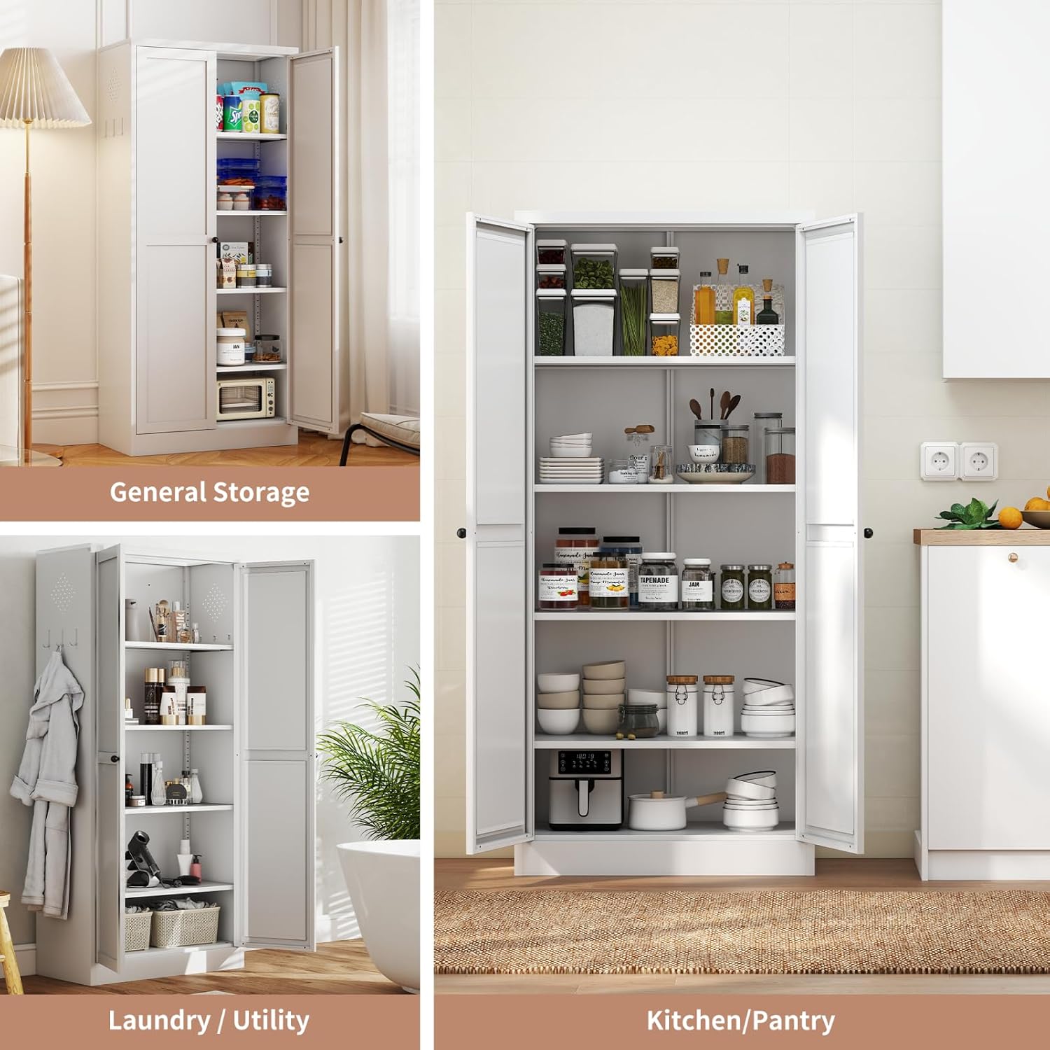 Tall White Metal Kitchen Pantry Cabinet, Stainless Steel Frame Storage Cabinet with Adjustable Shelves & Glass Doors, for Small Kitchen Pantry Living Room Bathroom, 27.6x13.8x72 Inches