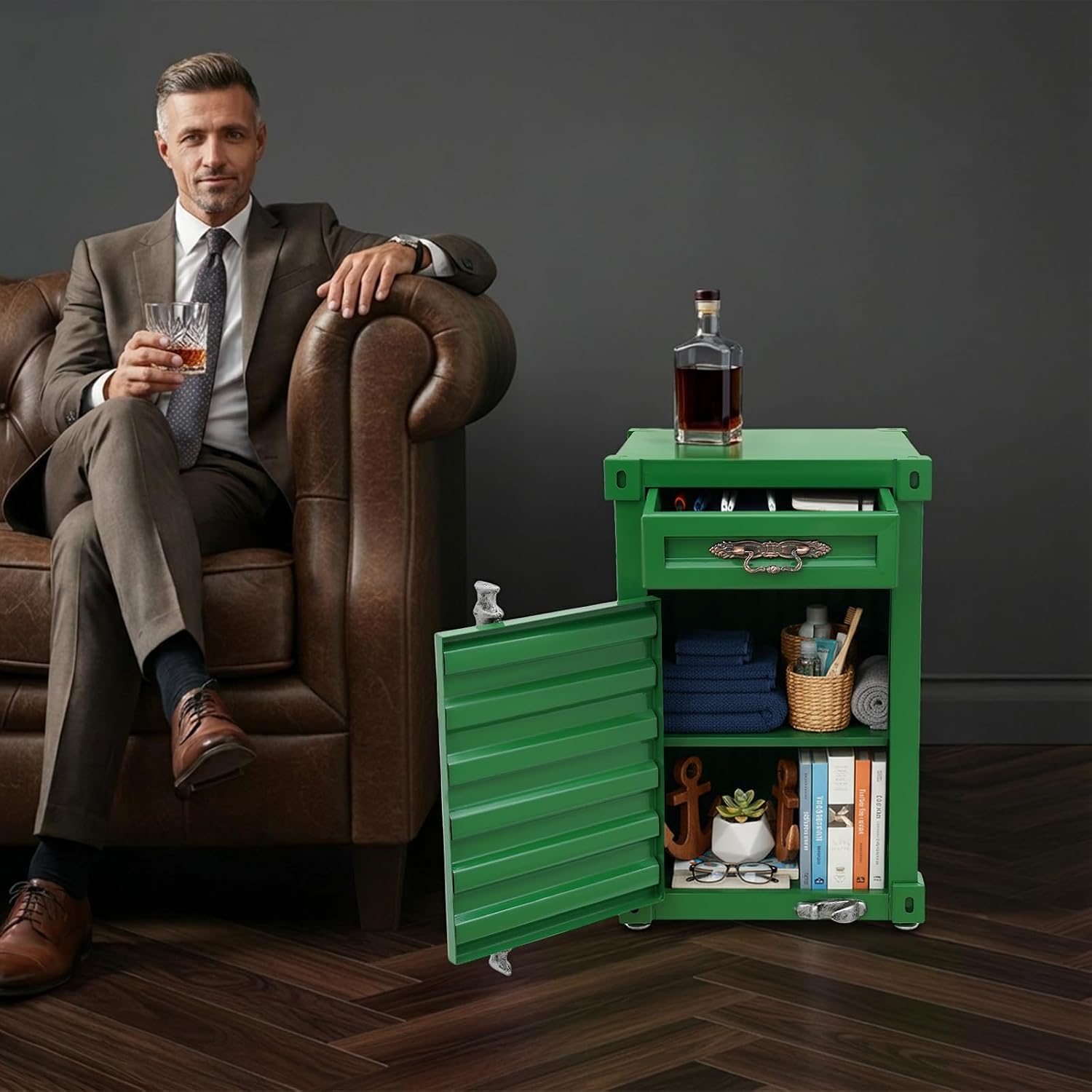 Industrial Metal Container Side Table, 3-Tier End Tables with Drawers, Bedside Table, Container Style Locker Wrought, Retro Style Metal Container Cabinet for Bar/Bedroom/Garage (Green)