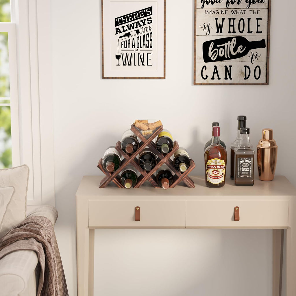 Rustic State Alella Countertop Wood Wine Rack for 8 Bottles Holder and Cork Storage Tabletop Butterfly Sleek Design Freestanding Organizer - Home, Kitchen, Dining Room Bar Décor - Walnut