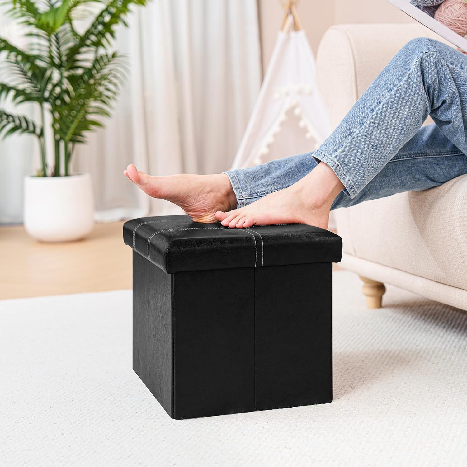 B FSOBEIIALEO Folding Storage Ottoman Cube, Faux Leather Footrest Seat Coffee Table, Black 16.5"x12.6"x12.6"