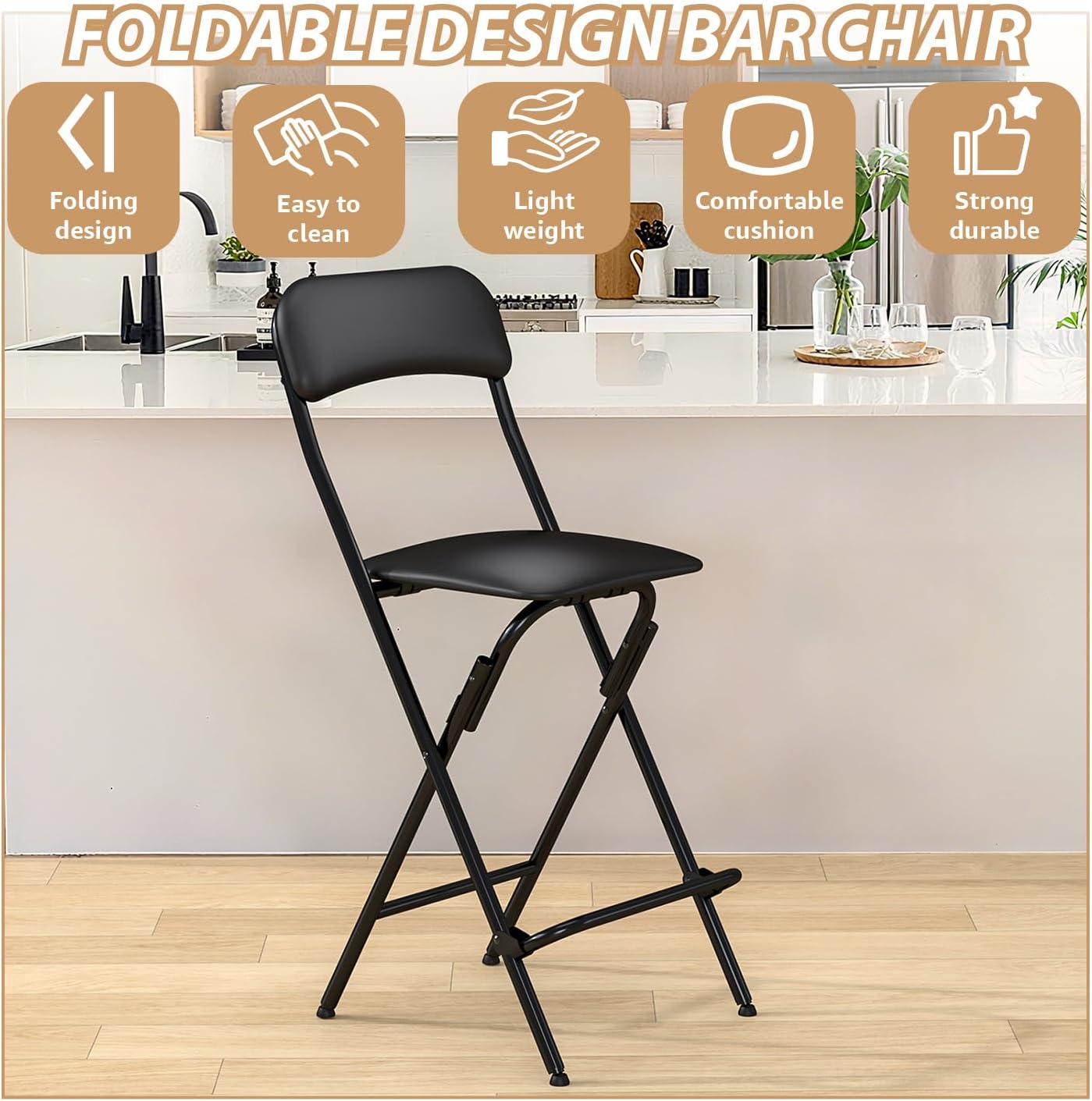Folding Bar Stool with Back, 300lb Capacity, Collapsible Stool for Kitchen Bar, Height 25"- 1PC
